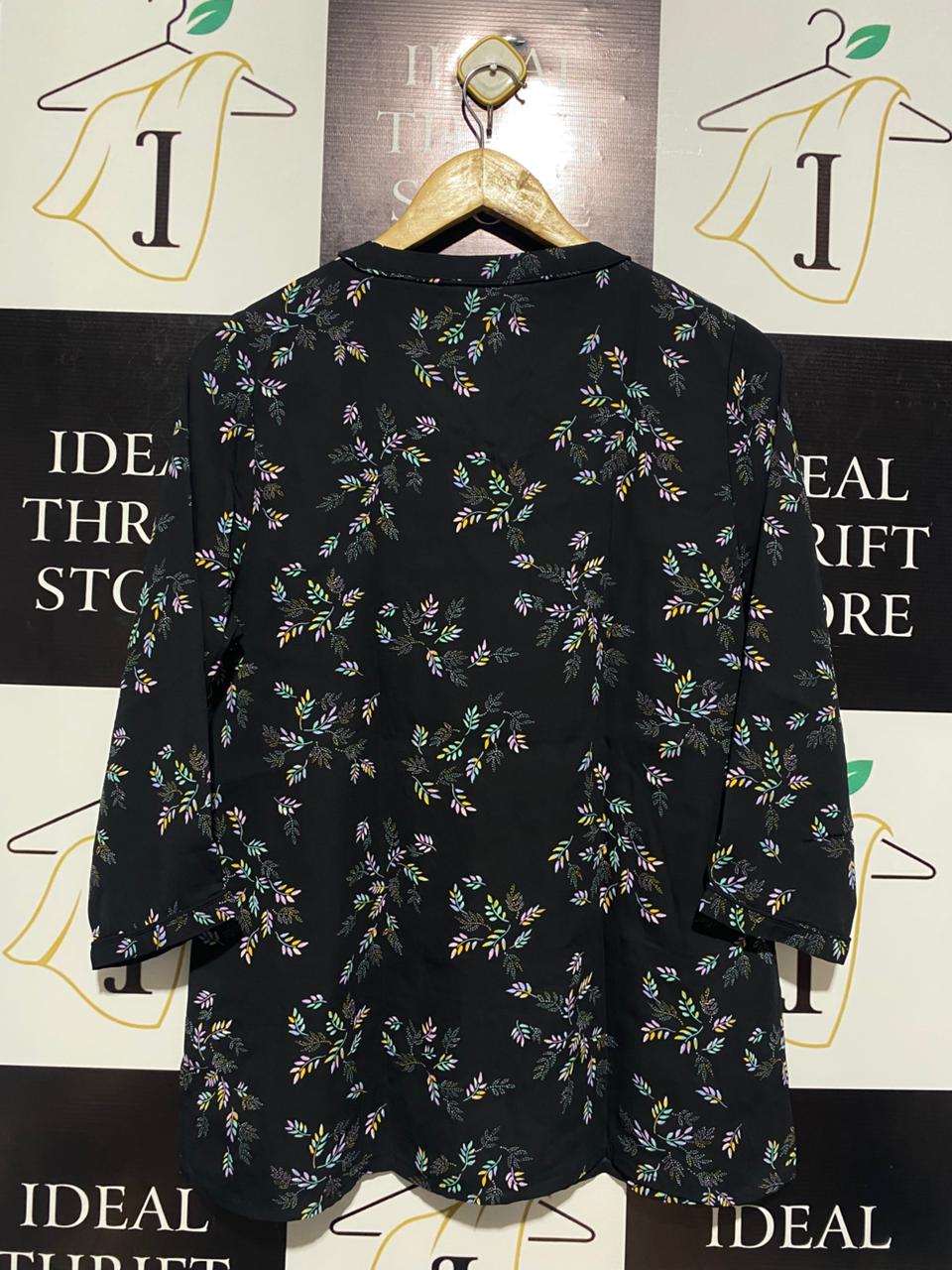 JEANS WEST |M| BUST 19| ELEGANT BLACK LEAF-PRINT BOHEMIAN BLOUSE
