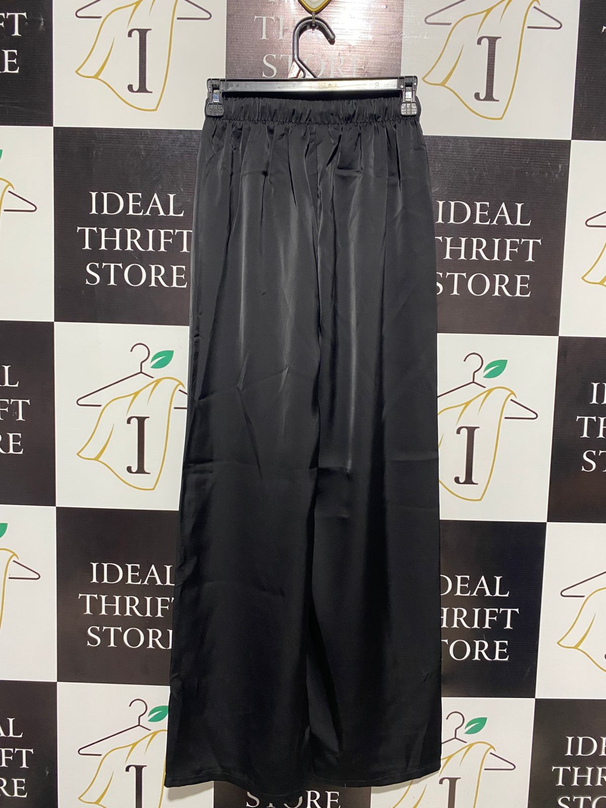BRILLIANT |S| WAIST 24| LUMINOUS NOIR SATIN WIDE-LEG TROUSERS