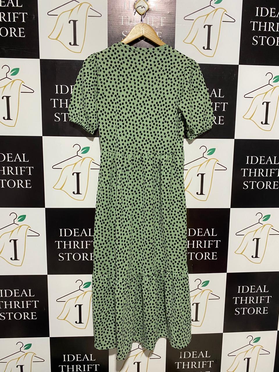 STRADIVARIUS |S| BUST 16| C3| SAGE GREEN POLKA DOT TIERED MIDI DRESS