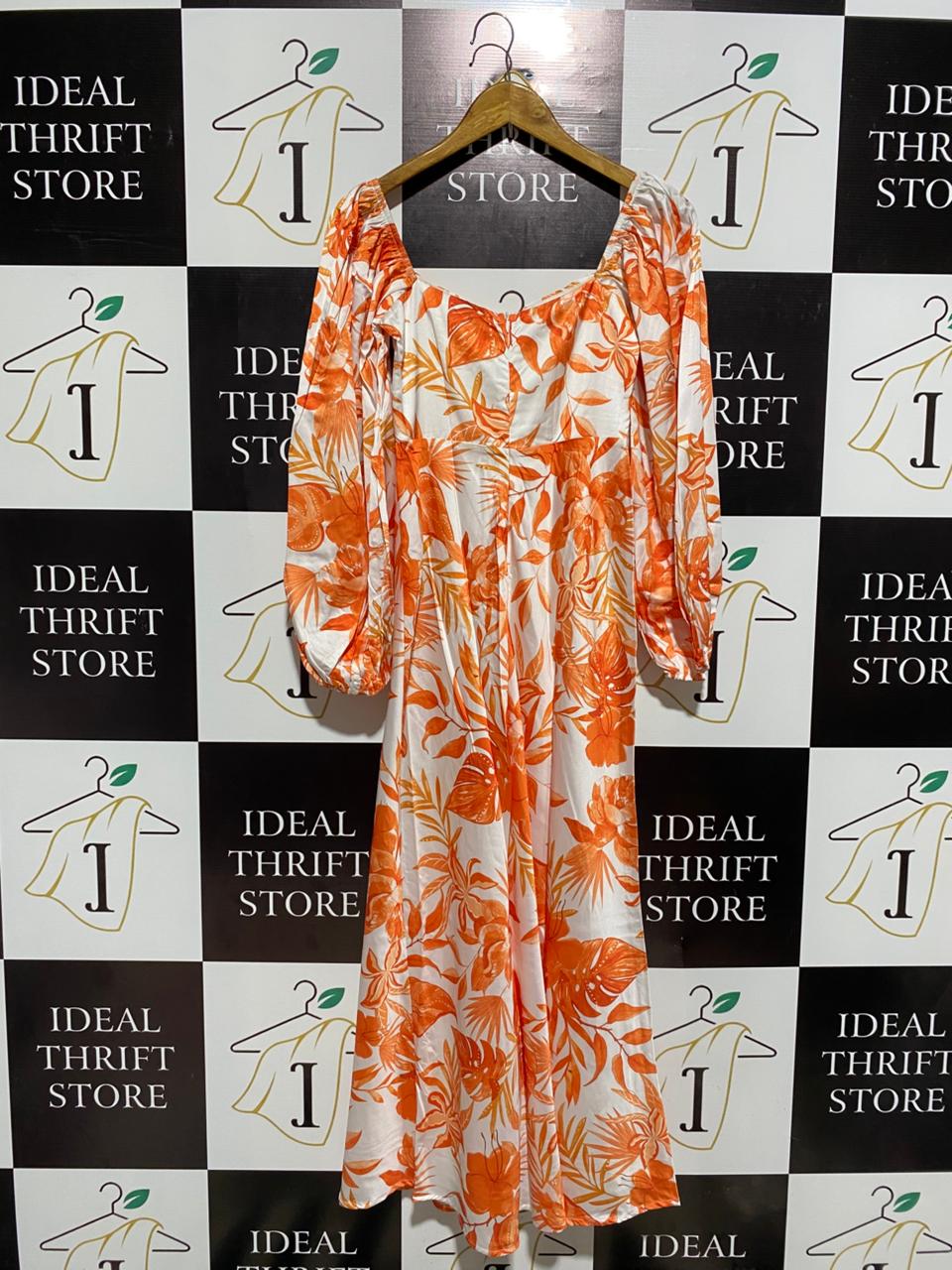 MIKA & GALA |XS| BUST 14| B3| ORANGE AND WHITE FLORAL DRESS LONG PUFF SLEEVES,