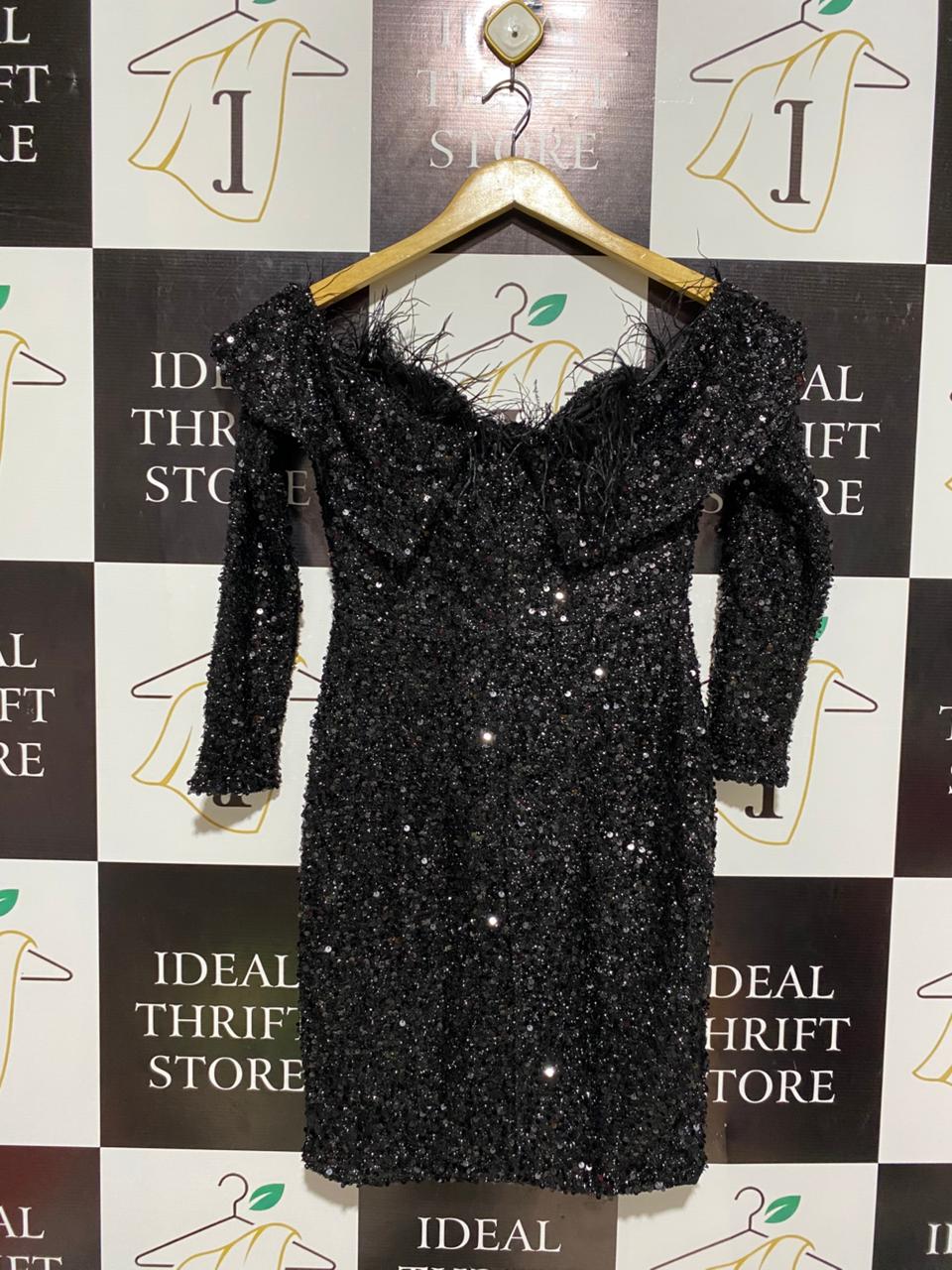 MIDNIGHT SEQUIN OFF-THE-SHOULDER COCKTAIL DRESS |S| BUST 16|
