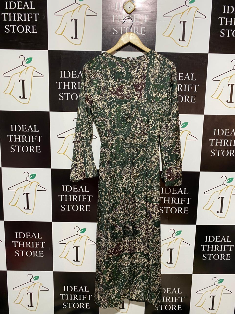 ZARA |M| BUST 17| GREEN MULTI SATIN PRINTED MIDI WRAP STYLE DRESS