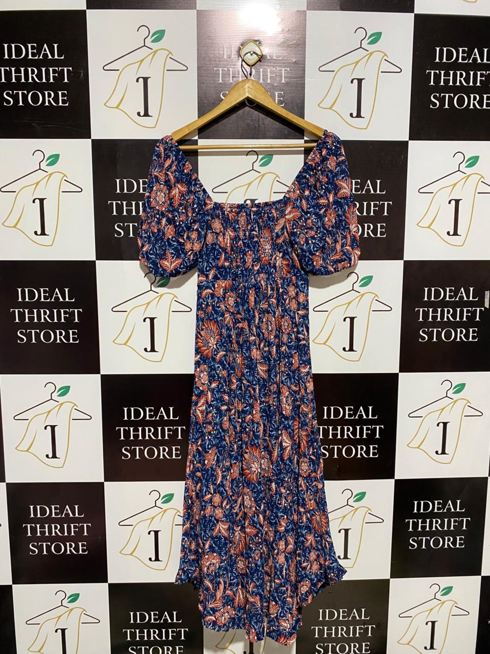 SPRING FIELD |S| BUST 12| C3| VINTAGE FLORAL PUFF-SLEEVE MIDI DRESS IN NAVY AND RUST