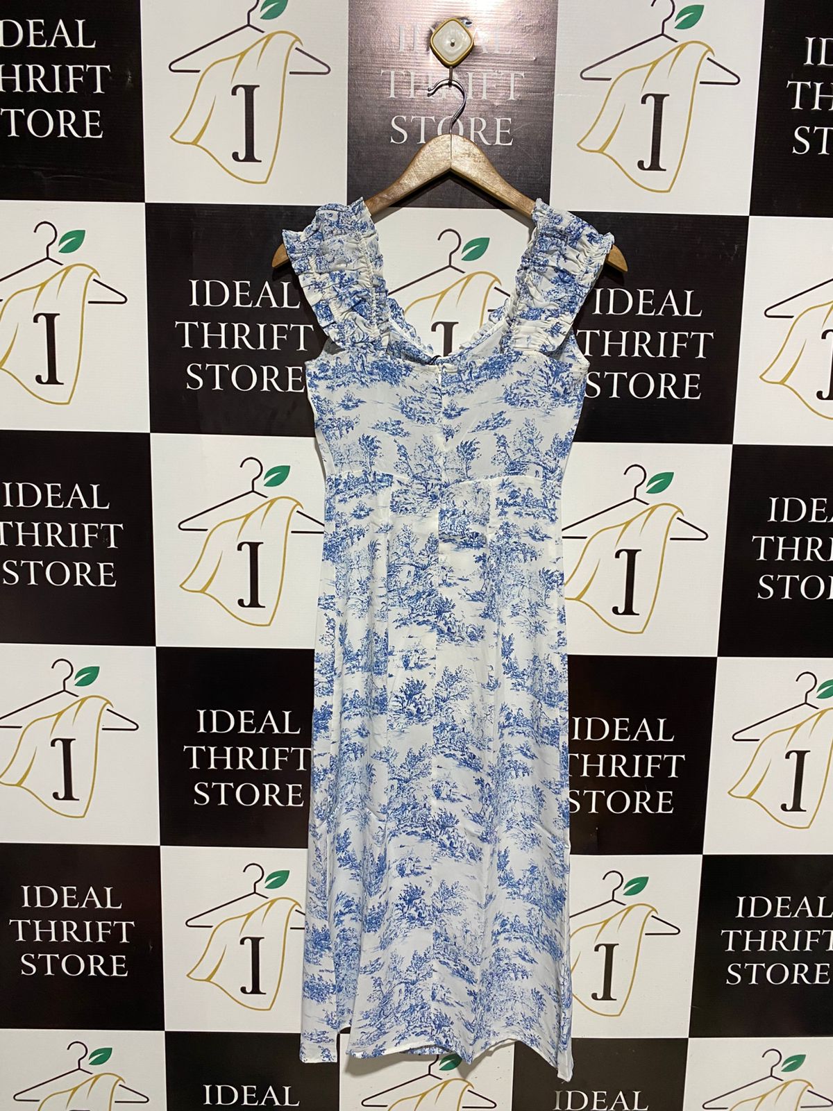 CIDER |XS| BUST 15|B12| VINTAGE-INSPIRED BLUE TOILE DE JOUY MIDI DRESS WITH RUFFLED STRAPS