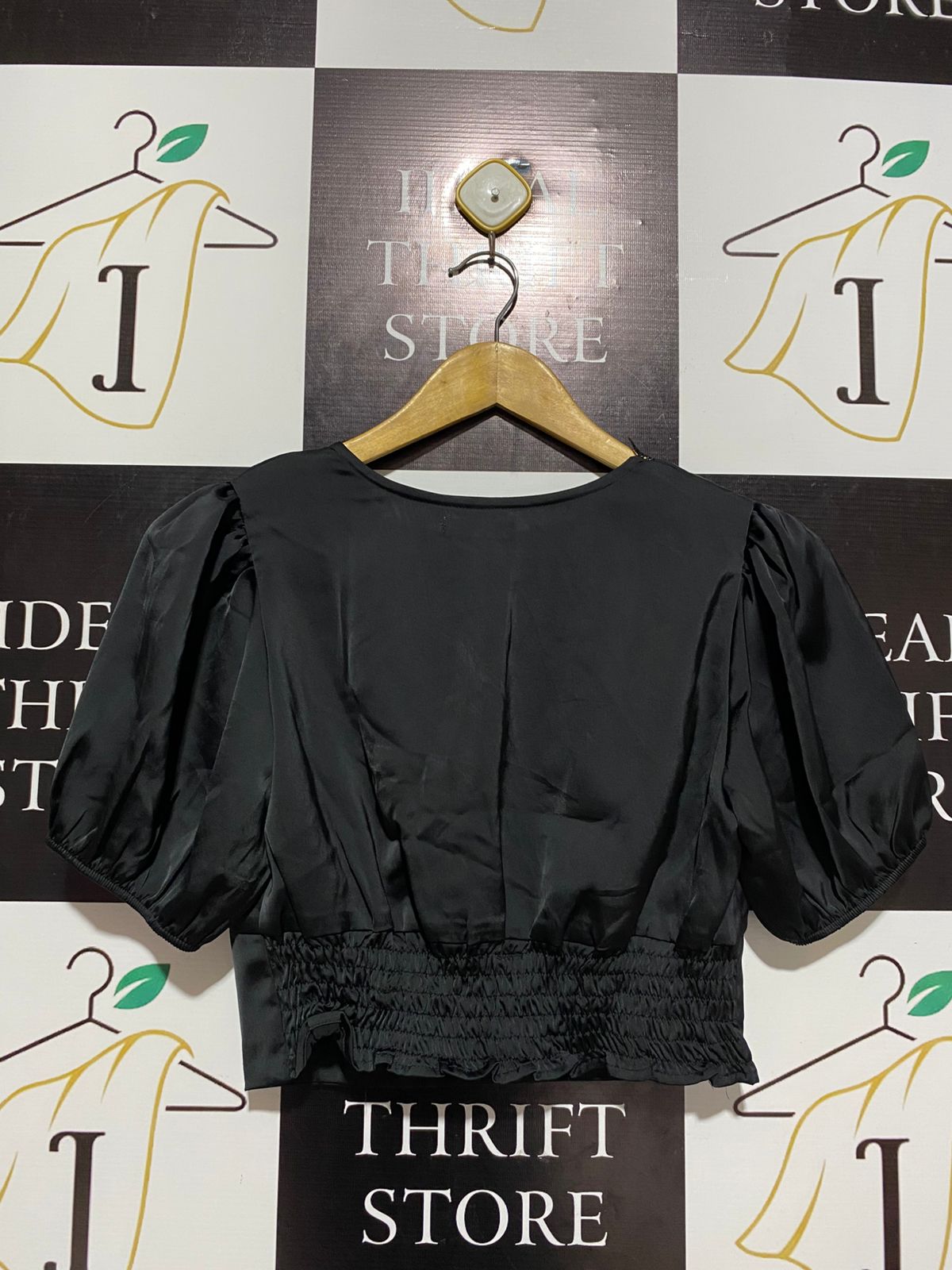 FASHION VIRUS |M| BUST 16| WOMEN'S BLACK SATIN V-NECK PUFF SLEEVE BLOUSE WITH LACE TRIM