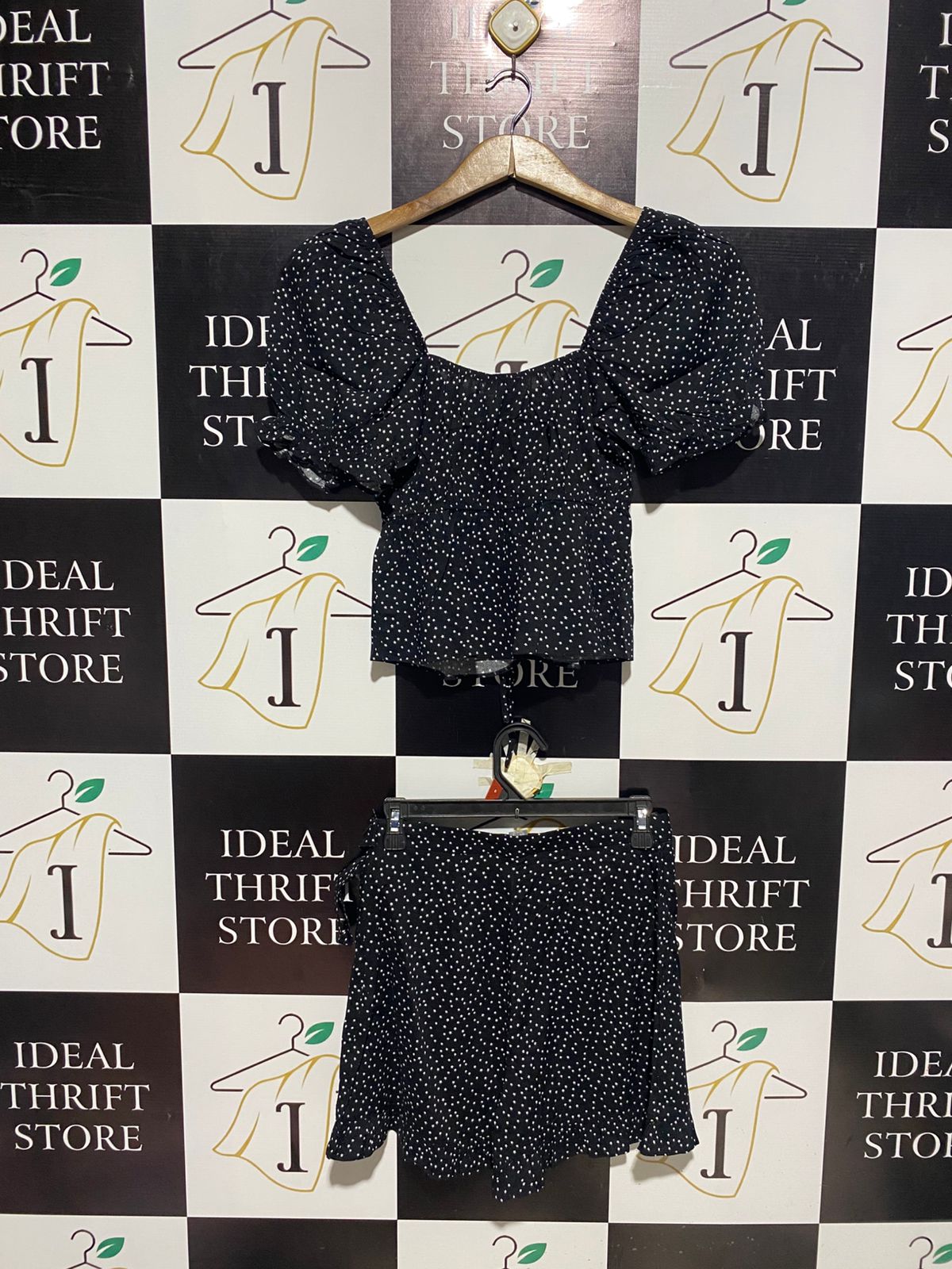 PRIMARK |S| BLACK POLKA DOT PUFF SLEEVE CO-ORD SET