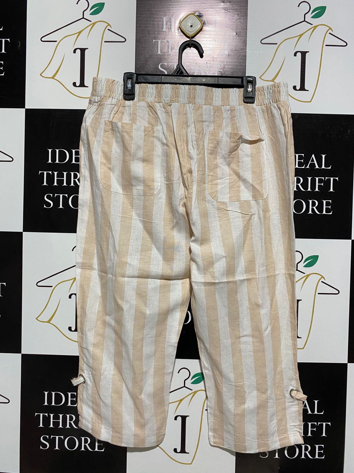 ROCKMANS |XL| WAIST 36| BEIGE AND WHITE STRIPED DRAWSTRING TROUSERS