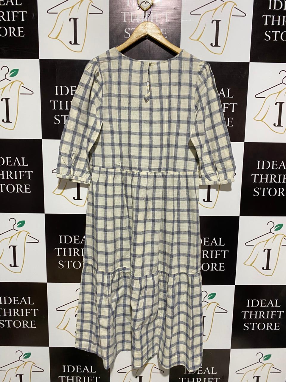 ANKO |M| BUST 20| WOMEN’S V-NECK TIERS MIDI SMOCK DRESS - TIMELESS NAVY AND BEIGE CHECKERED PRINT
