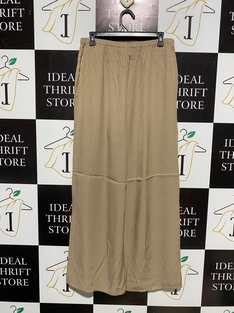 UNISON |L| WAIST 30| WOMEN’S TAUPE WIDE-LEG TROUSERS - ELEGANT SATIN-FINISH PALAZZO PANTS