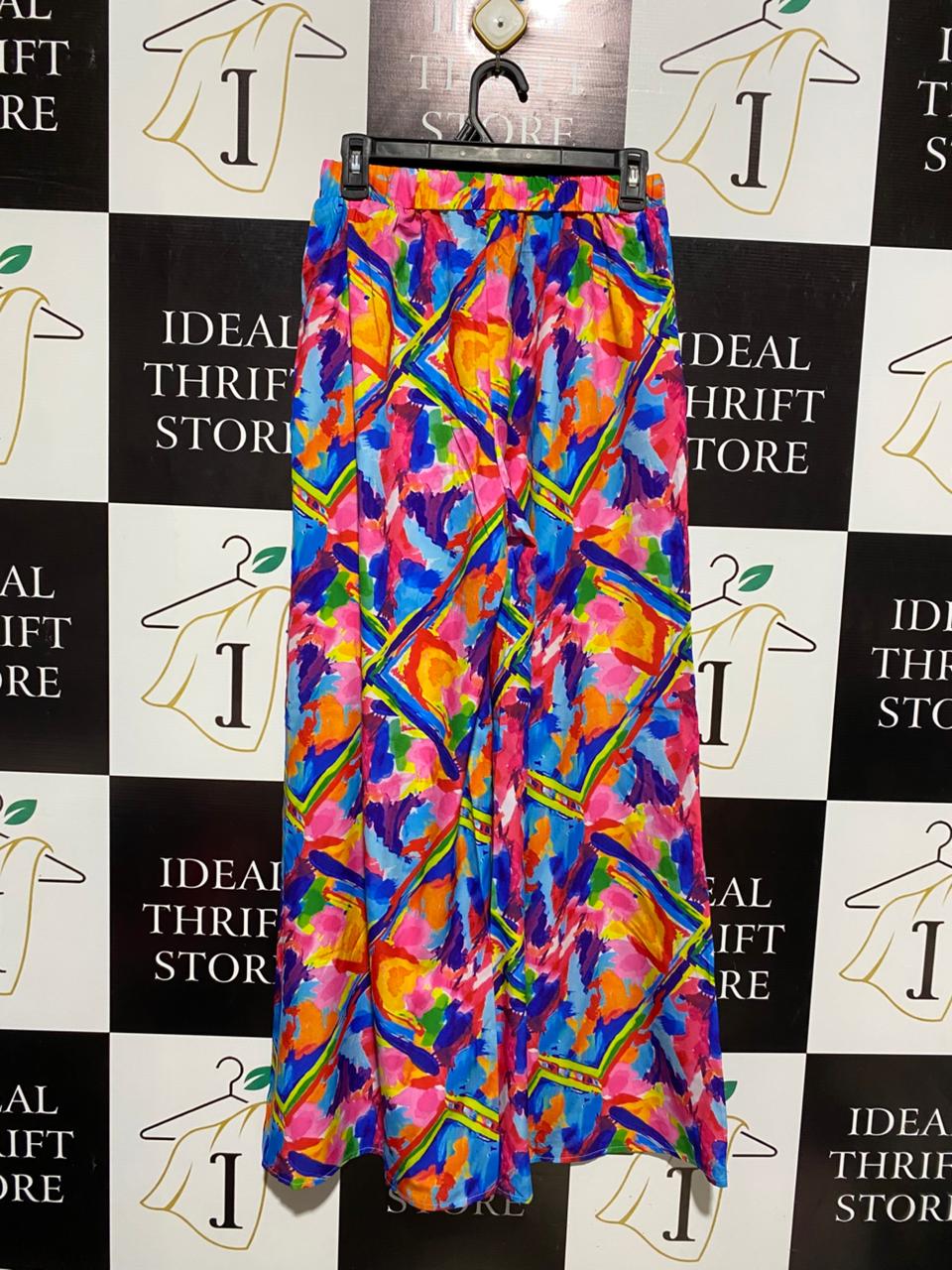 WOMEN’S VIBRANT MULTICOLOR ABSTRACT PRINT PALAZZO PANTS WITH TASSEL DRAWSTRING|M| WAIST 26|