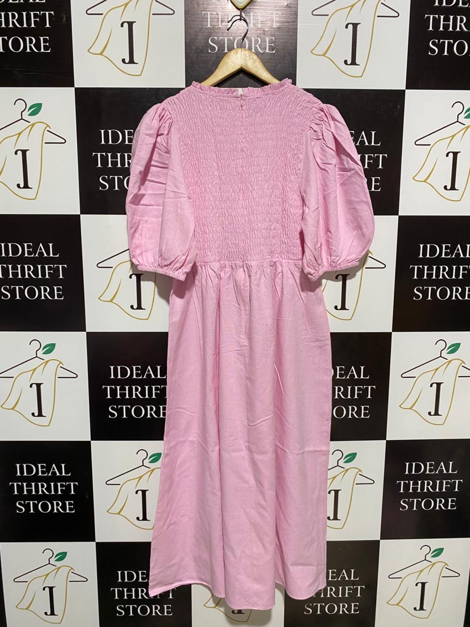 THE FATED |M| BUST 15| PINK SMOCKED PUFF-SLEEVE MIDI DRESS