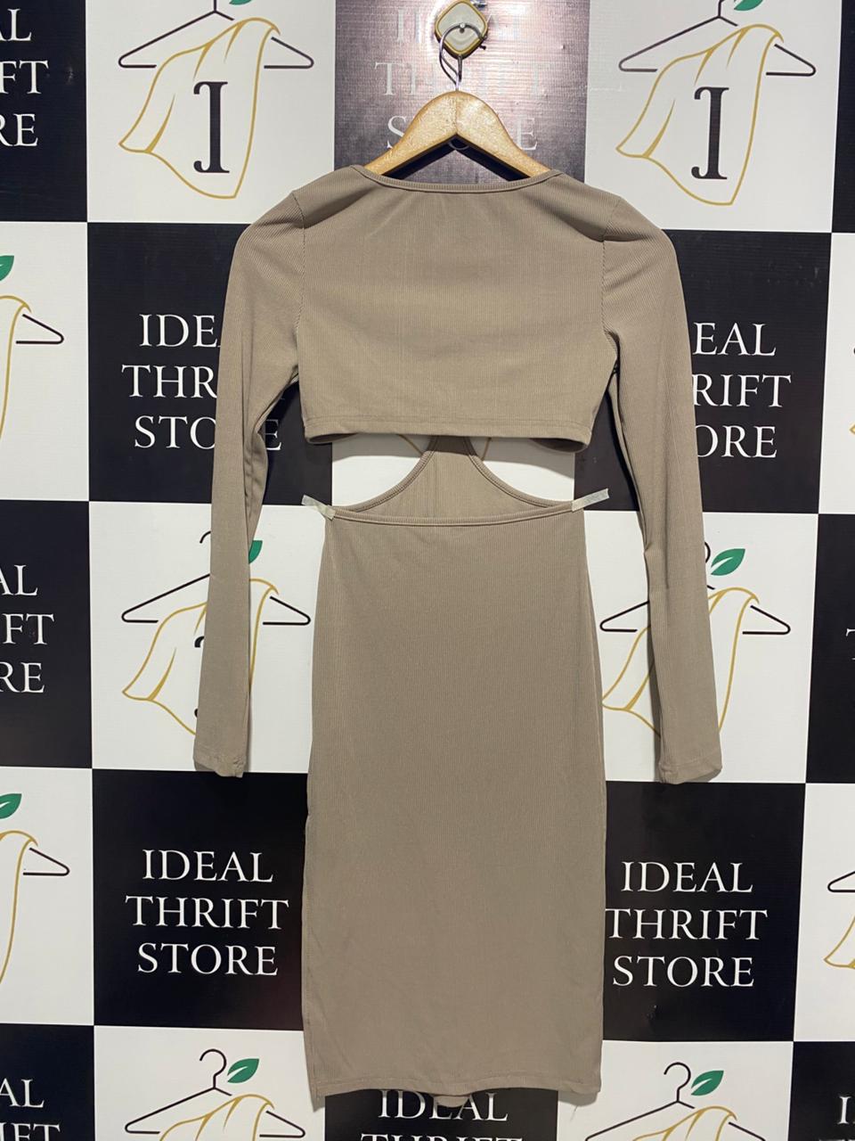 SHEIN |XS| BUST 14| RIBBED TAUPE CUT-OUT FRONT MINI DRESS - LONG SLEEVE TWIST KNOT DETAIL