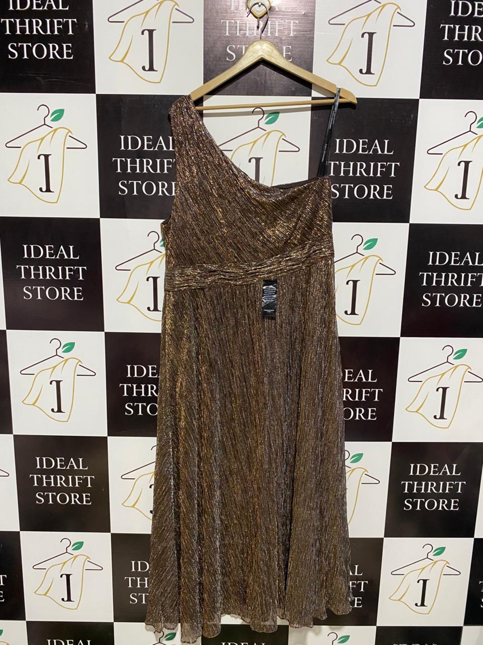 FOREVER NEW |L| BUST 19|B24| METALLIC BRONZE ONE-SHOULDER MIDI DRESS