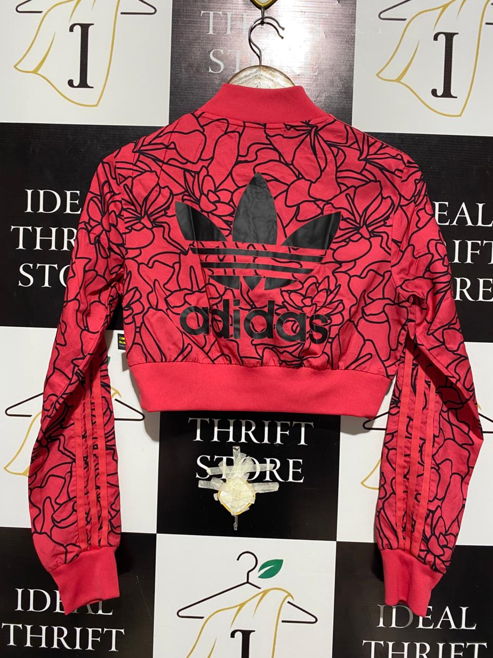 ADIDAS |XS| BUST 18| WOMEN’S RED FLORAL PRINT CROPPED TRACK JACKET WITH THREE-STRIPE DETAIL