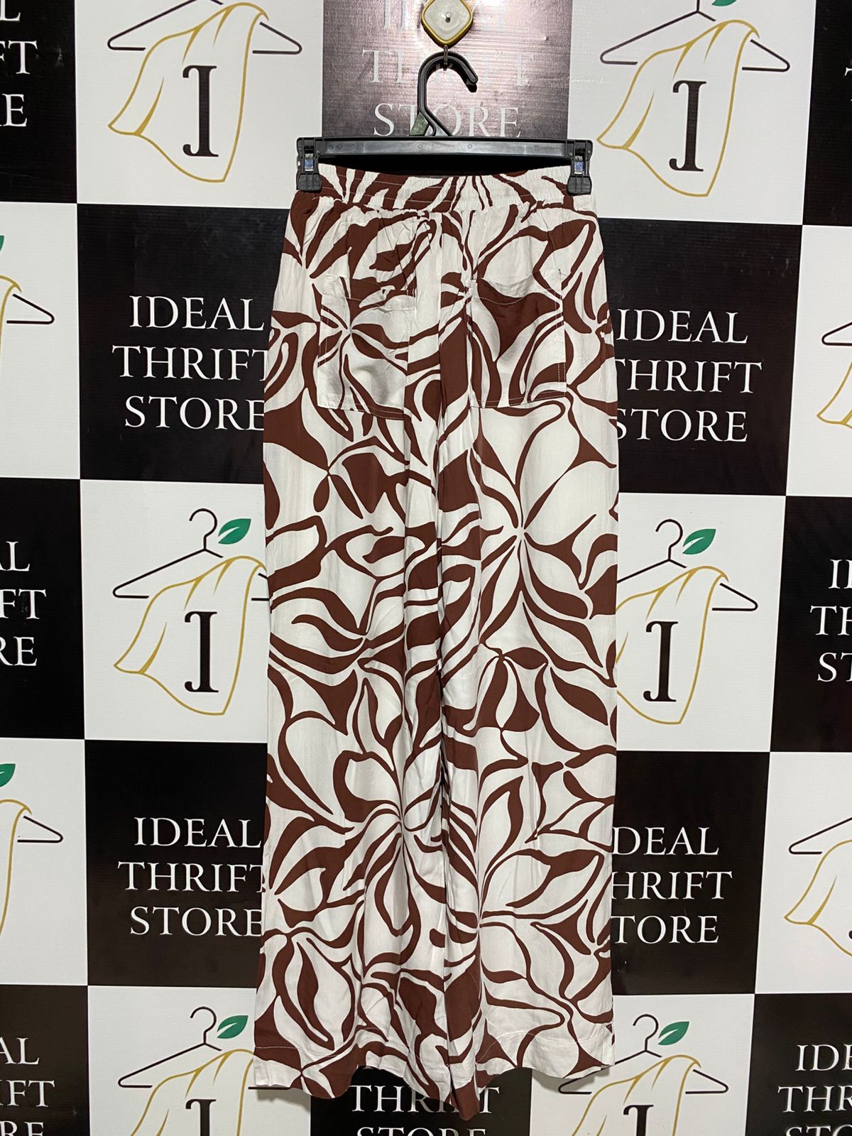 DOTTI |S| WAIST 24| WOMEN’S BROWN AND WHITE ABSTRACT FLORAL WIDE-LEG PALAZZO PANTS WITH ELASTIC WAIST