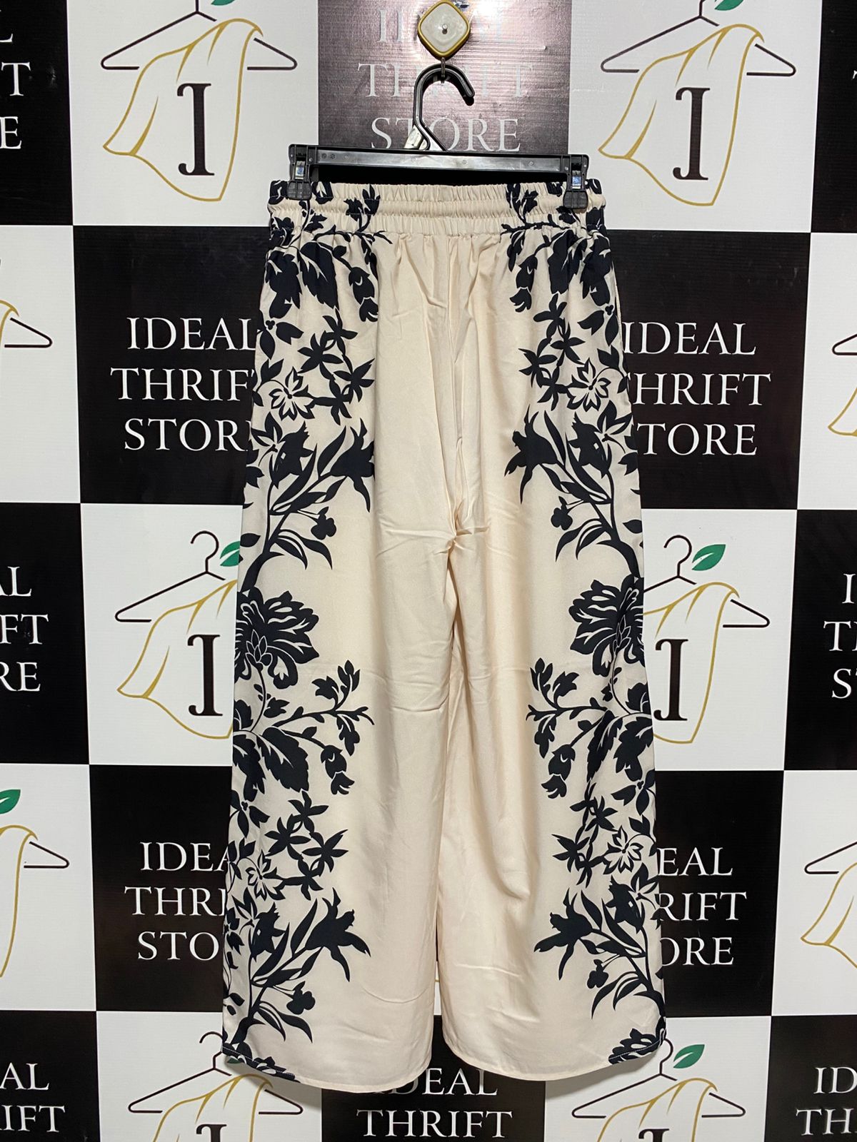 SHEIN |M| WAIST 26| WOMEN’S CREAM AND NAVY FLORAL BORDER-PRINT WIDE-LEG PANTS - BOHO DRAWSTRING TROUSERS