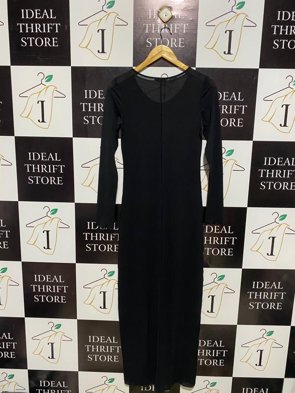 CHOSEN BY TUCHUZY |S| BUST 15| C5| ELEGANT BLACK LONG-SLEEVE MAXI DRESS – SLEEK FORM-FITTING RIBBED KNIT GOWN WITH SCOOP NECK
