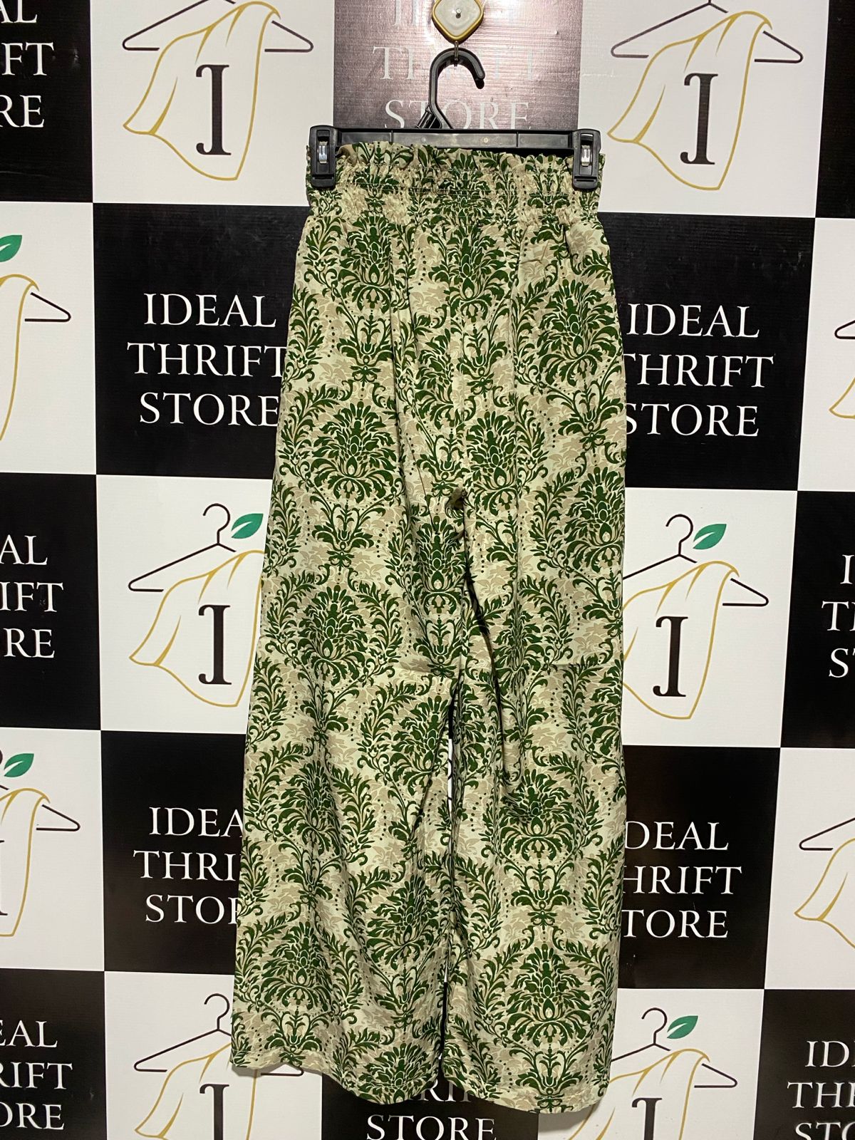 SHEIN |S| WAIST 24| GREEN DAMASK WIDE-LEG TROUSERS