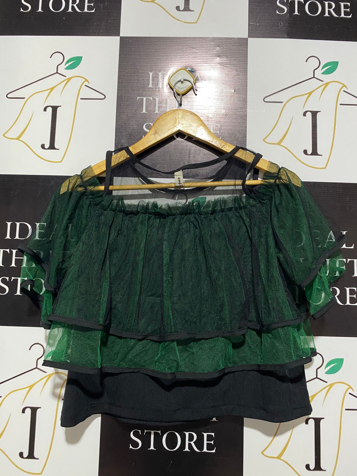 KLG |M/L| BUST 18| ELEGANT FOREST GREEN MULTI-TIERED MESH RUFFLE TOP