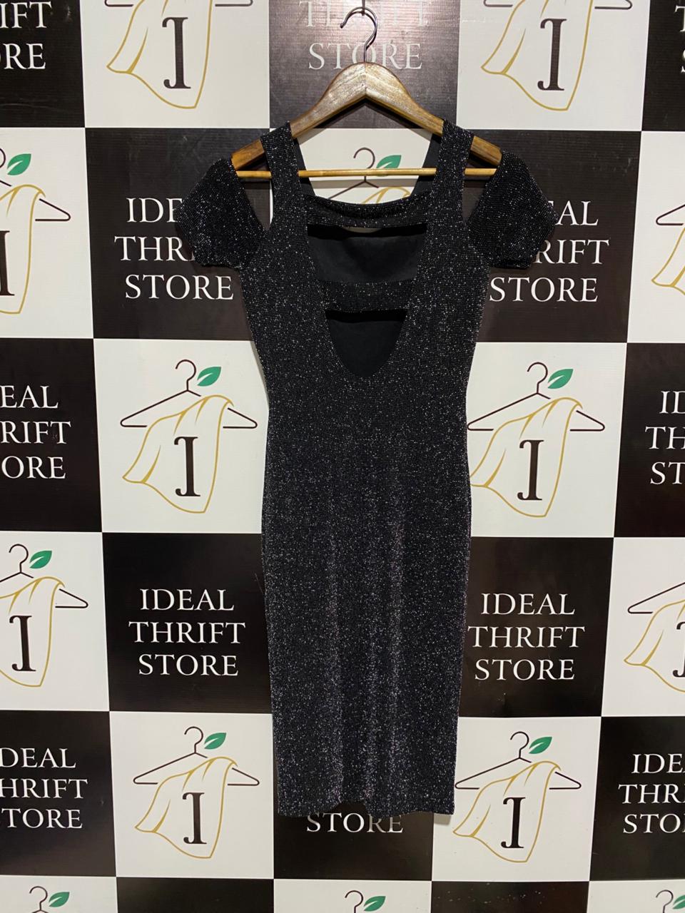 ELEGANT BLACK SHIMMER COLD-SHOULDER MINI DRESS |S| BUST 14|