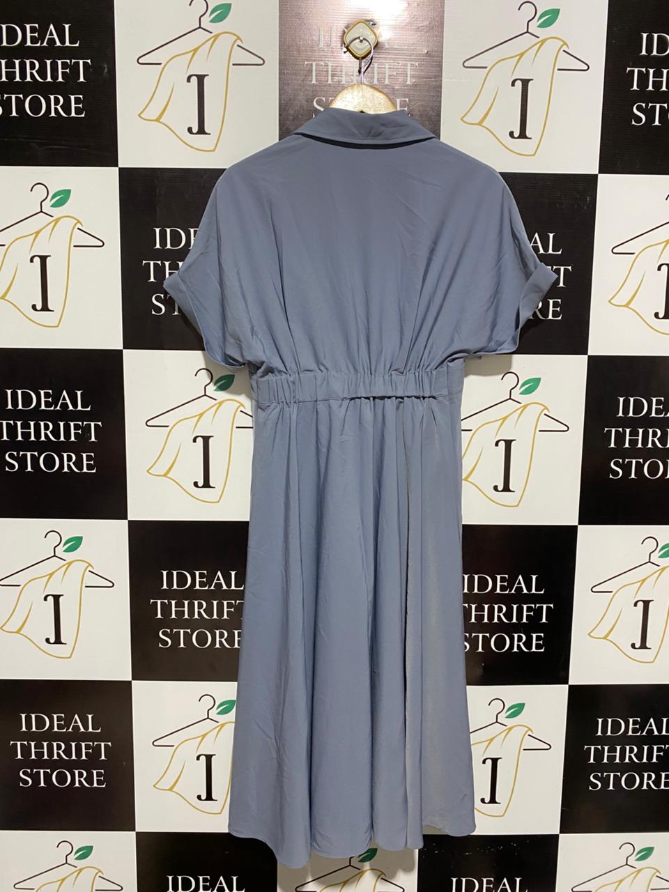 THEORY TAYLOR |S| BUST FREE|B12| DUSTY BLUE SHIRRED WAIST MIDI SHIRT DRESS
