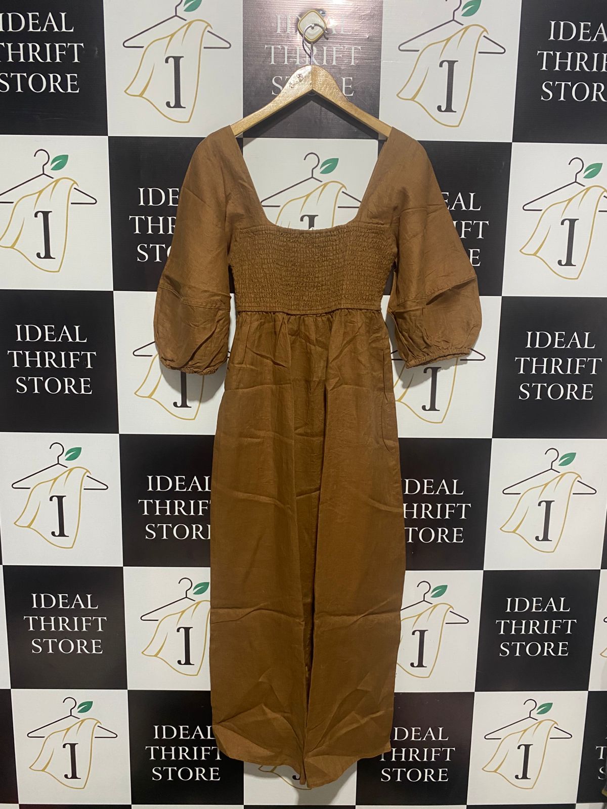 SEED |M| BUST 14| C6| CARAMEL SMOCKED PUFF-SLEEVE MAXI DRESS