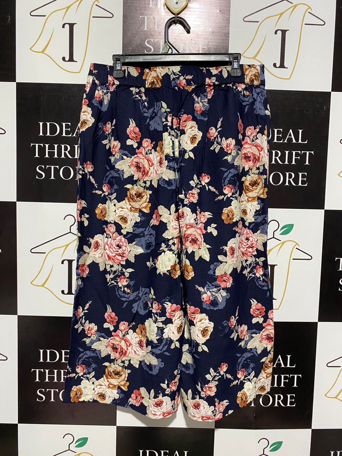 WOMAN |XL| WAIST 33|C1| VIBRANT NAVY BLUE FLORAL PRINT WIDE-LEG CULOTTES WITH HIGH WAIST