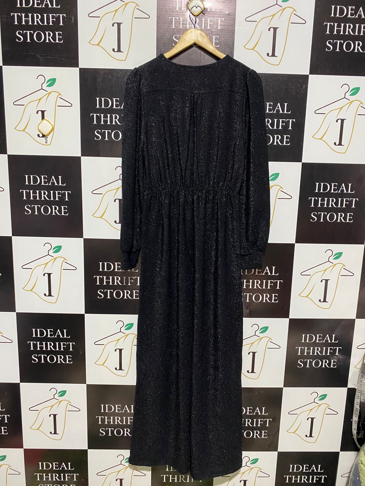 MNG |M| BUST 17| WOMEN'S SHIMMERING BLACK LONG SLEEVE V-NECK JUMPSUIT WITH WIDE-LEG SILHOUETTE