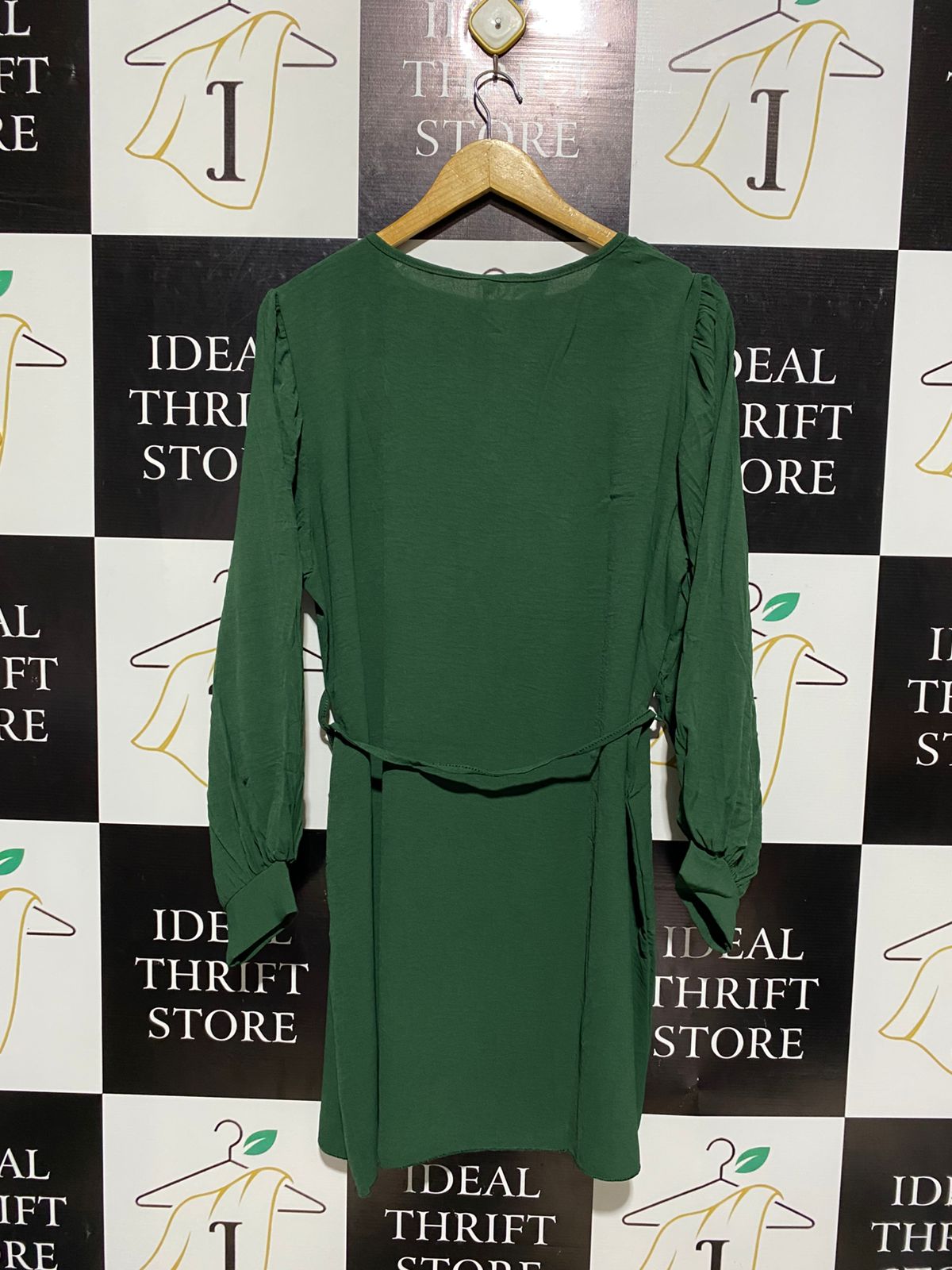 NEW COLLECTION |L| BUST 22|C4| WOMEN'S FOREST GREEN LONG SLEEVE CREW NECK MINI DRESS WITH WAIST TIE