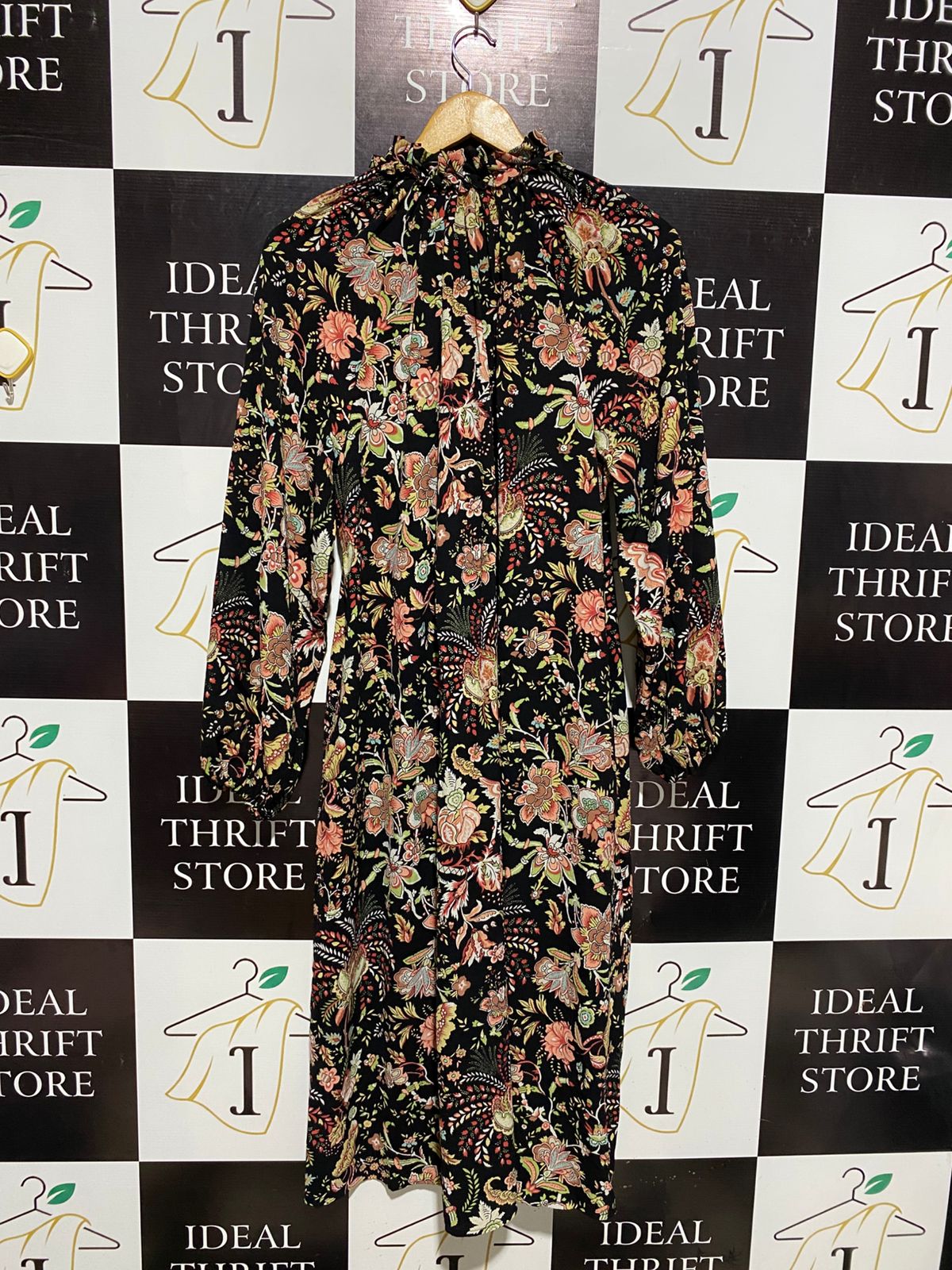 H&M |L| BUST FREE | BOHEMIAN FLORAL RUFFLE-NECK MIDI DRESS
