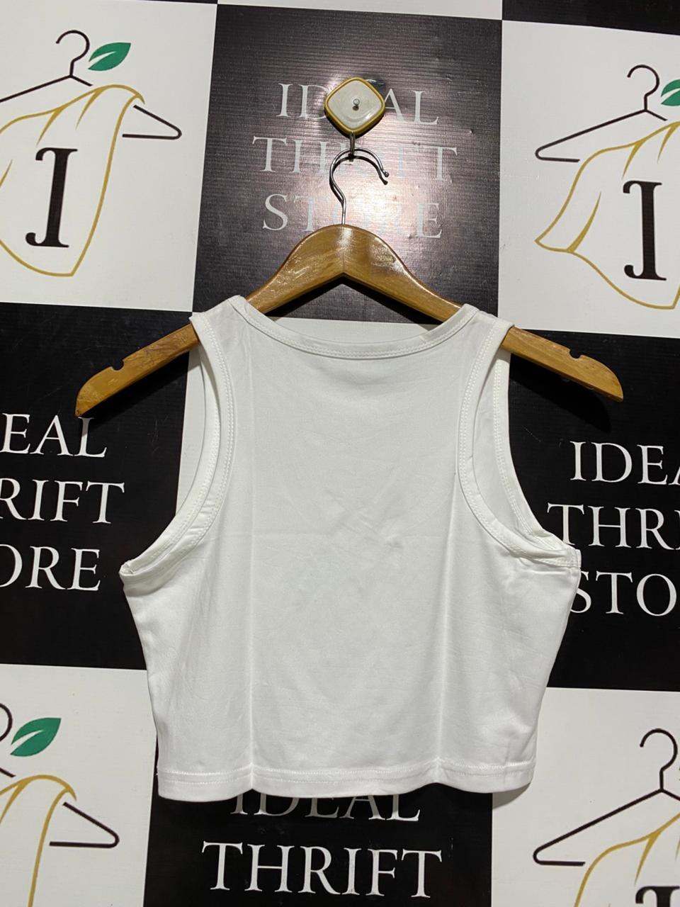 WHITE HIGH-NECK RACERBACK COTTON CROP TOP |S| BUST 15|