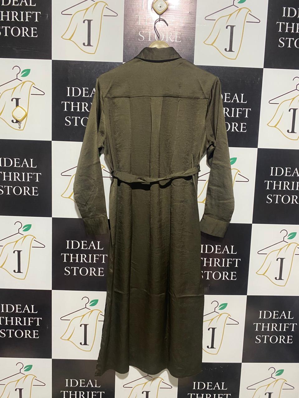 PRIMARK |M| BUST 20| C3| OLIVE GREEN SATIN MAXI SHIRT DRESS