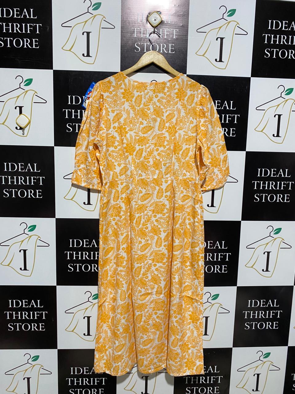 NEXT |L| BUST 19| C6| VIBRANT GOLDEN-YELLOW FLORAL MIDI DRESS