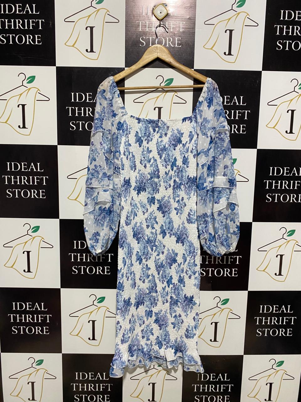 SAO BY DEE |M| BUST 15| C6| BLUE FLORAL SMOCKED MINI DRESS WITH PUFF SLEEVES