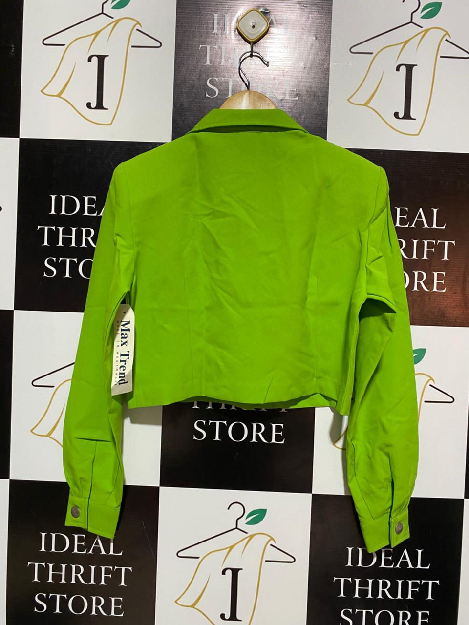 MAX TREND |M| BUST 19| VIBRANT LIME GREEN CROPPED BUTTON-UP UTILITY JACKET - LONG SLEEVE