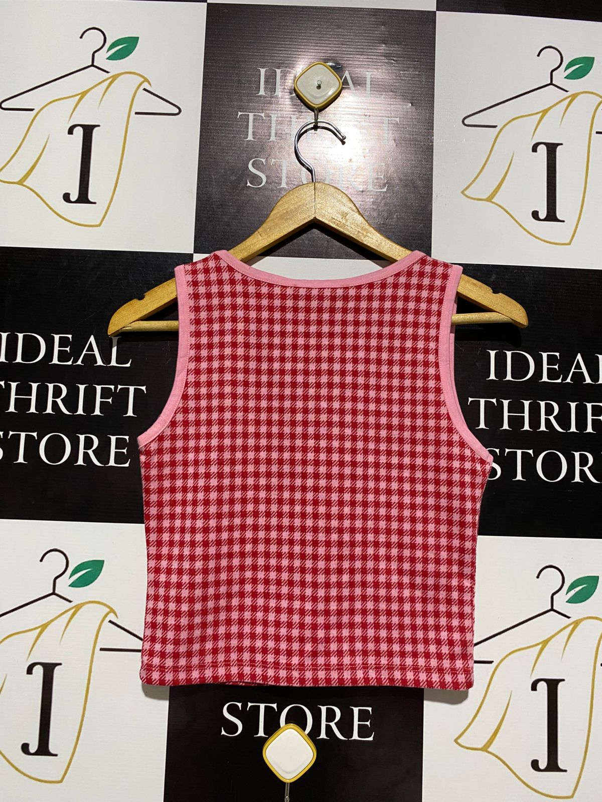 PRIMARK |S| BUST 14| PINK AND RED GINGHAM CHECKERED KNIT CROP TANK TOP