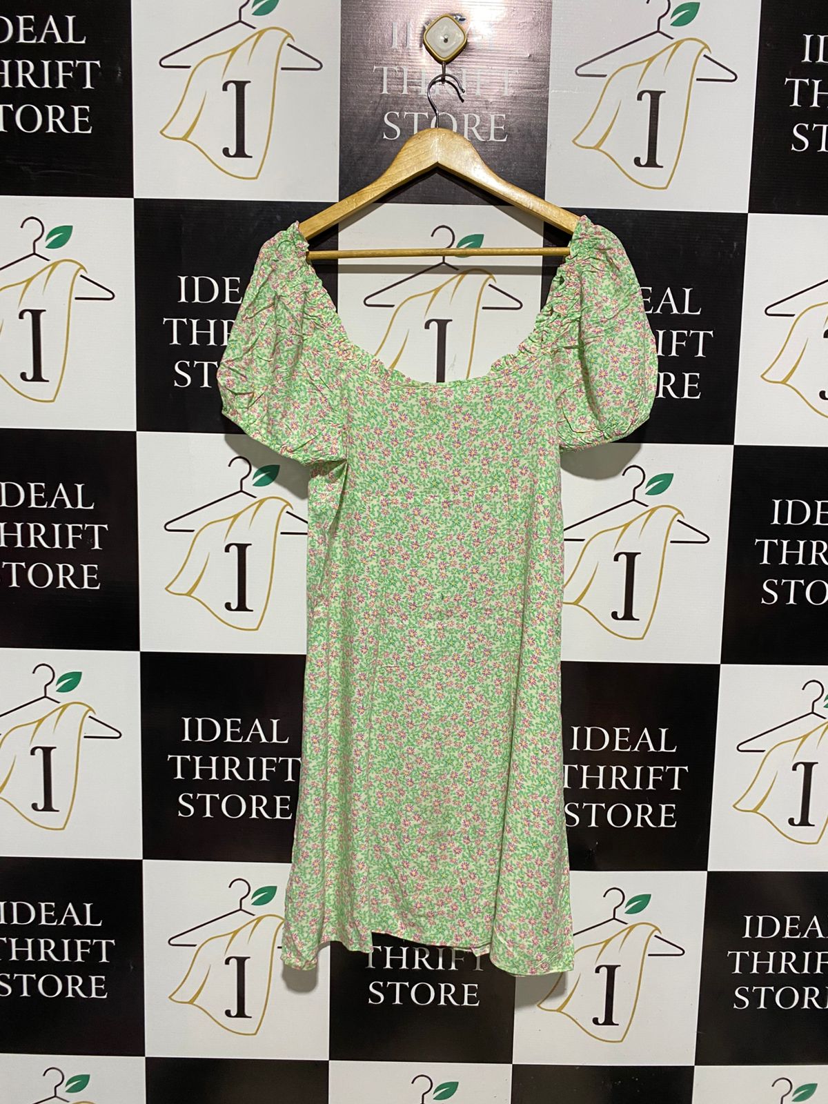 PRIMARK CARES |M| BUST 18| C6| MINT GREEN FLORAL PUFF SLEEVE TEA DRESS