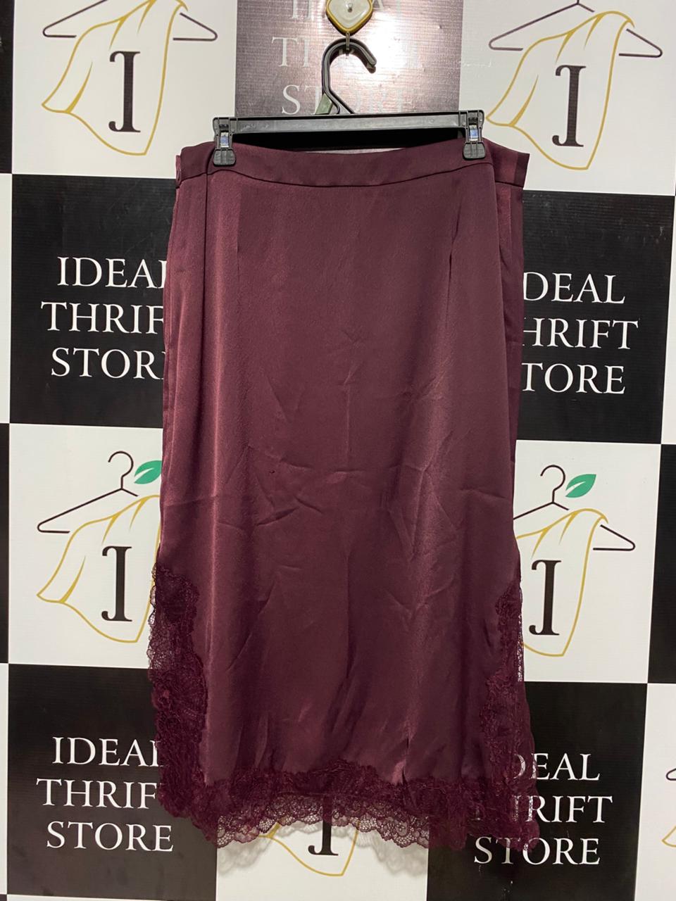 M&S |L|WAIST 34| BURGUNDY SATIN LACE-TRIM MIDI SKIRT