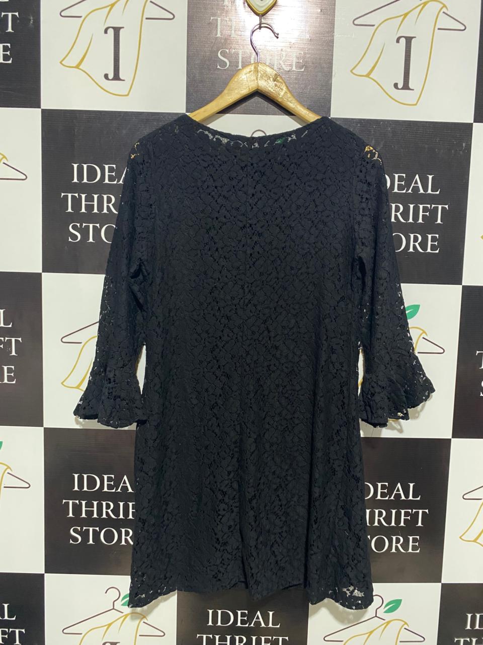 RISE |L| BUST 19| BLACK LACE 3/4 SLEEVE MINI DRESS WITH BEADED PEARL PETER PAN COLLAR |B1|