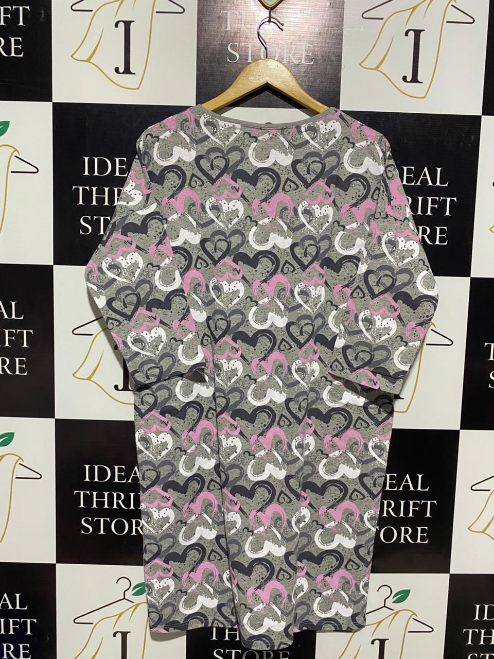 ITALIAN FASHION |M| BUST 25| GREY PINK HEART PRINT T-SHIRT DRESS |B1|