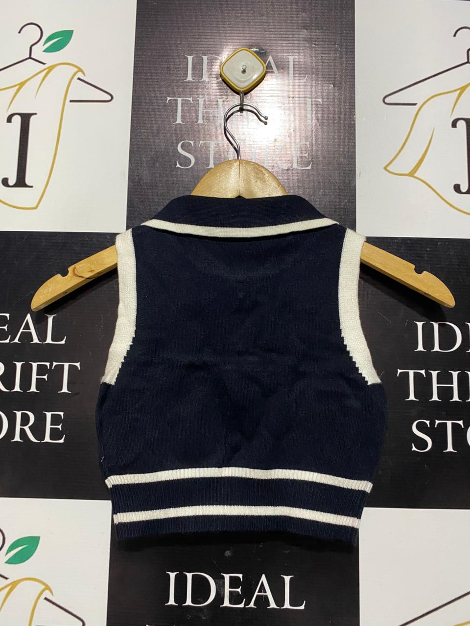 SHEIN |S| BUST 13| NAVY BLUE KNIT POLO VEST WHITE CONTRAST TRIM WITH GOLD BUTTONS |B1|
