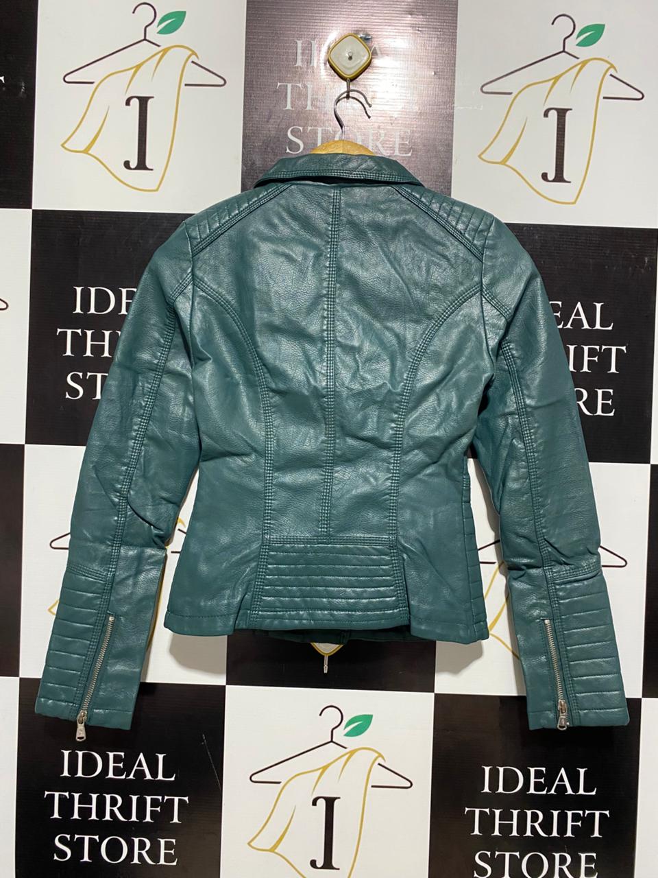 FEIHUA |S| BUST 15| FEIHUA TEAL BLUE FAUX LEATHER MOTO JACKET |B1|