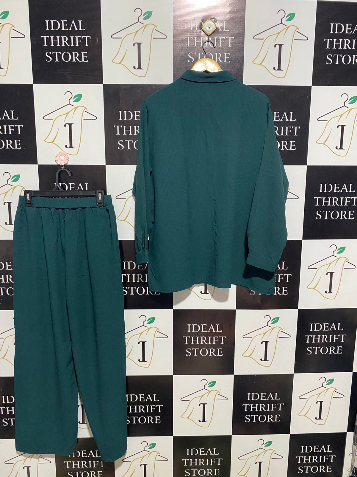 SHEIN |L| B2| Women's Chic Two-Piece Set – Deep Teal Button-Down Shirt and Wide-Leg Trousers