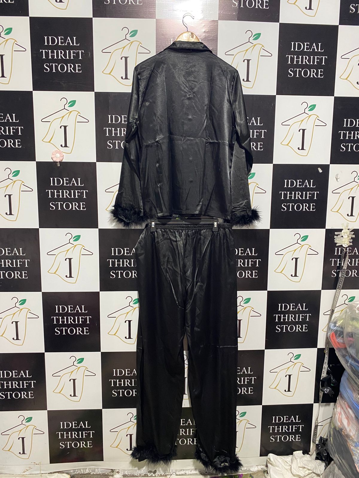NIGHT |XL| B2| Women's Glamorous Black Satin Feather-Trim Two-Piece Pajama Set