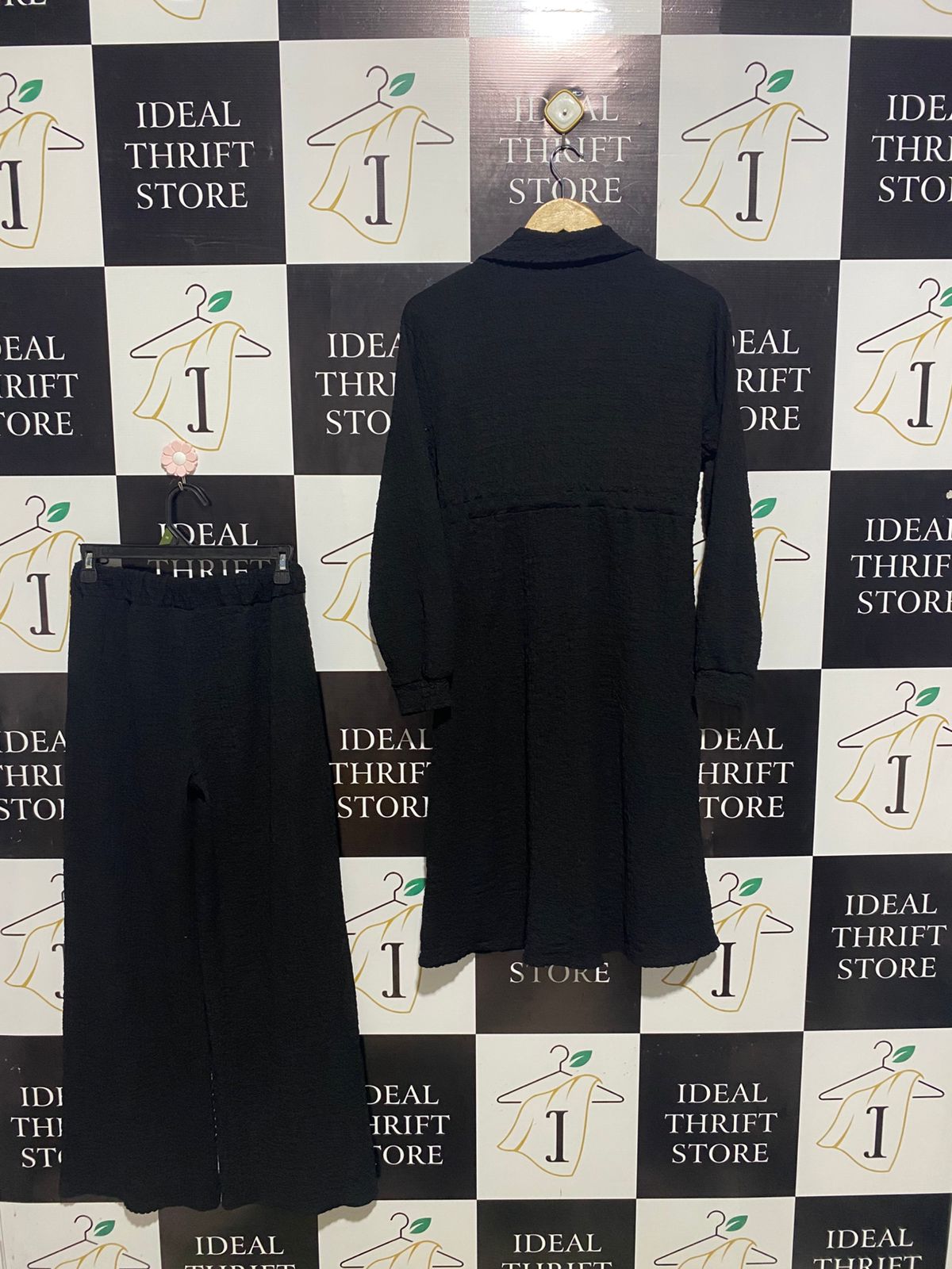 NEW COLLECTION |M| B2| Women's Chic Black Two-Piece Set – Longline Button-Up Tunic & Wide-Leg Trousers