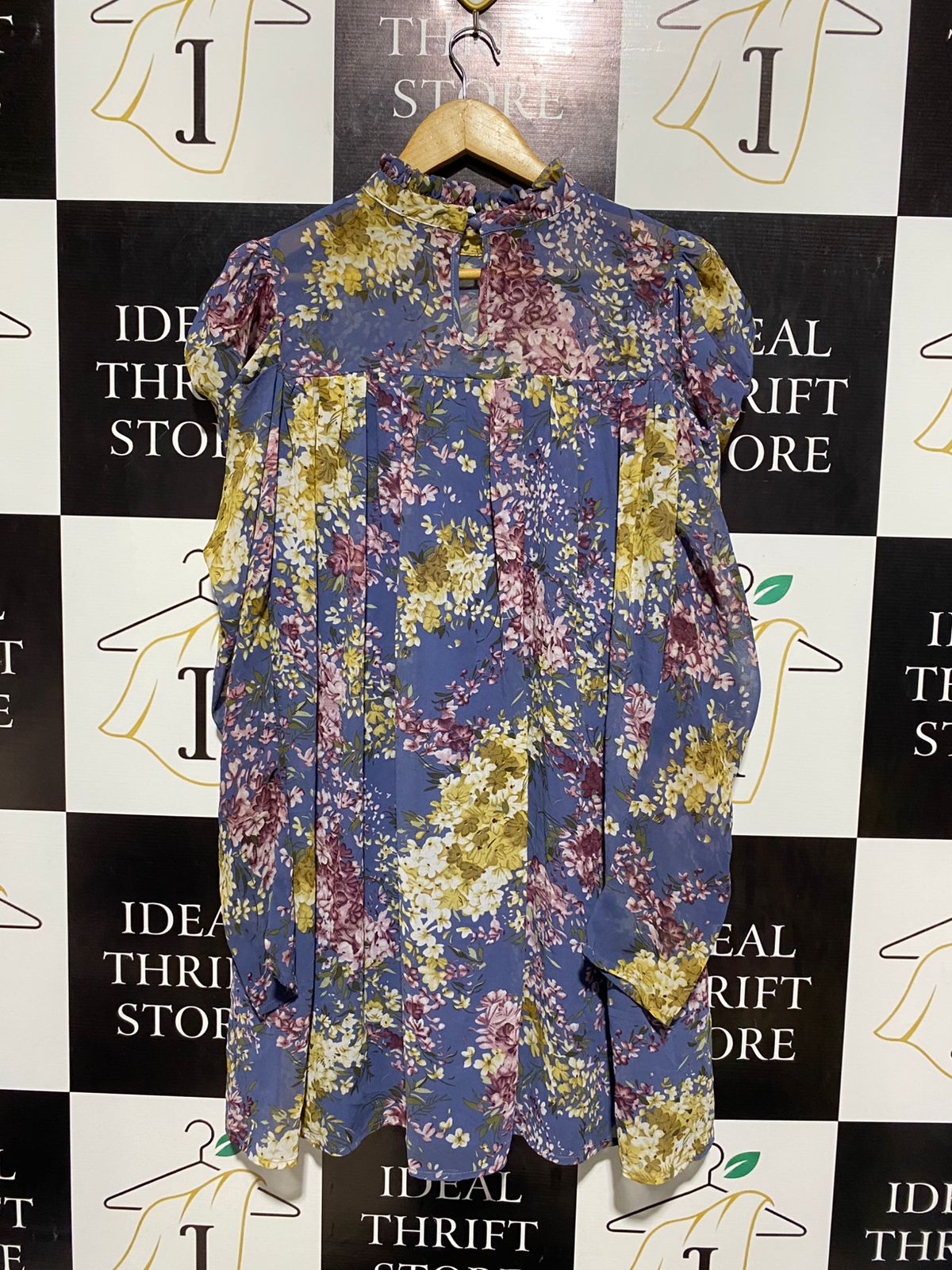 SHEIN |M| BUST 18| B2| DUSTY BLUE ROMANTIC FLORAL RUFFLE SHOULDER MINI DRESS