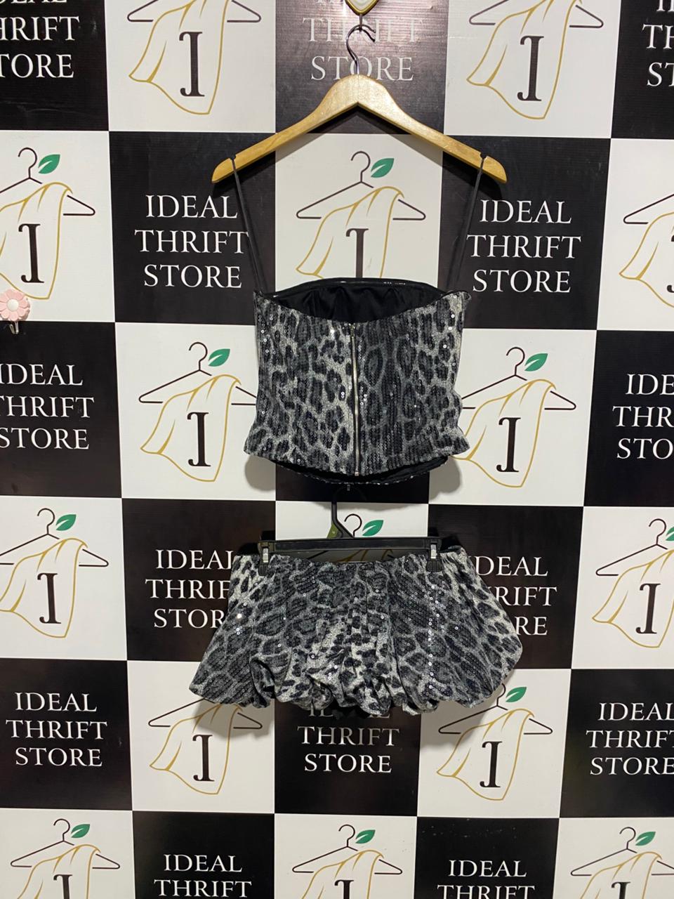 NADIA |M| B2| GLAMOUR LEOPARD PRINT SEQUIN CORSET TOP AND PUFF SKIRT SET