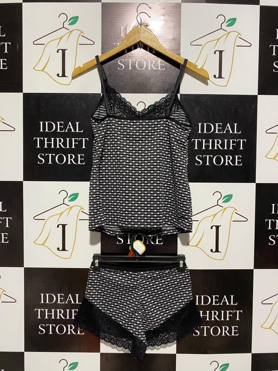 BLACK AND WHITE HEART PRINT LACE-TRIMMED CAMI LOUNGE SET |S| B2|