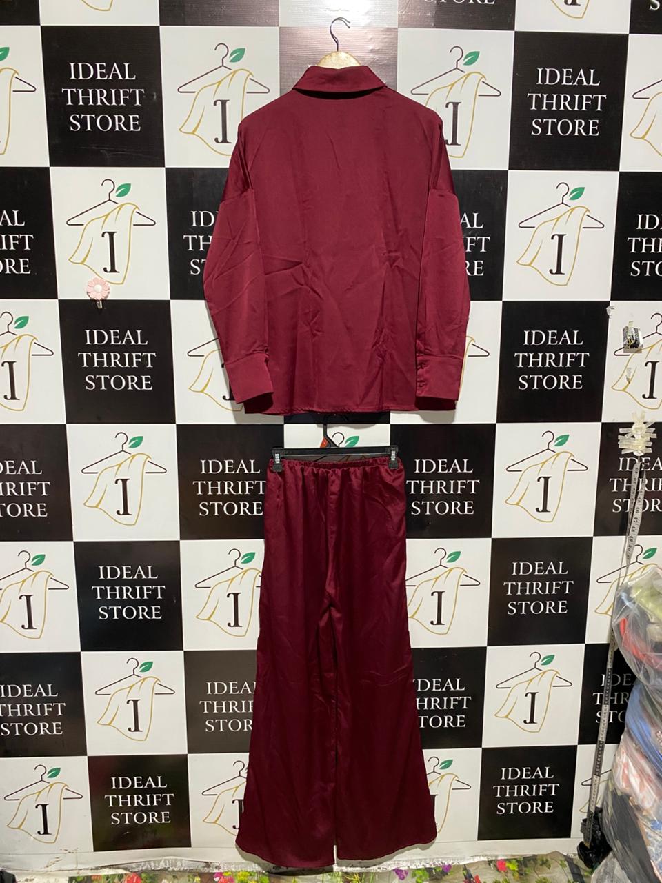 MISS GUIDED |M| B2| ELEGANT BURGUNDY SATIN BUTTON-DOWN PAJAMA SET