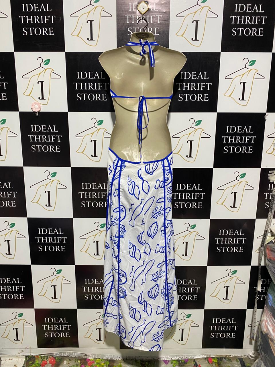 CHERLEY |L| BUST 20| B1| WOMEN'S WHITE AND BLUE MEDITERRANEAN COASTAL PRINT CUT-OUT MAXI DRESS